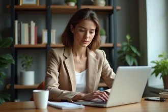 Femme d'âge moyen travaillant sur son ordinateur à domicile