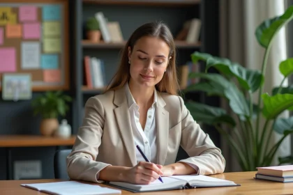 Jeune femme en bureau organisé écrivant dans un planner