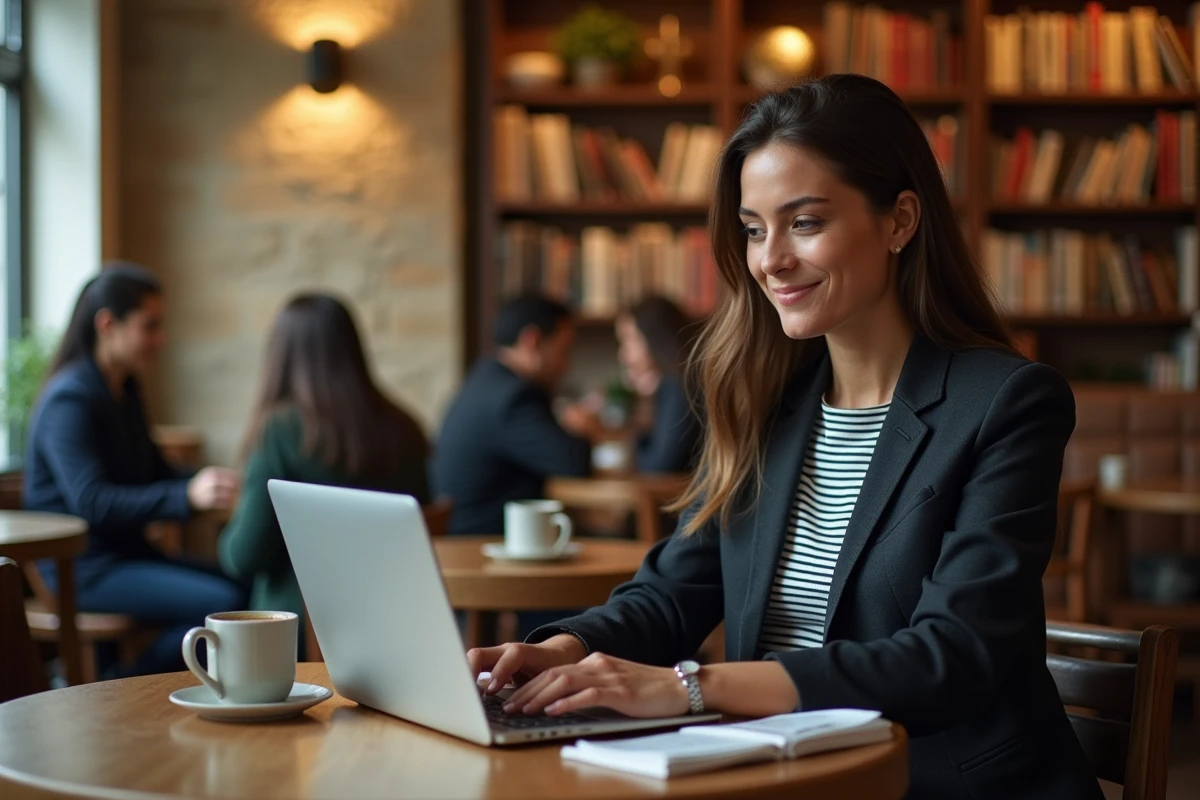 Femme travaillant sur son ordinateur dans un café à Lyon