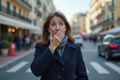 Femme fran&ccedil;aise choqu&eacute;e dans la rue de Cannes