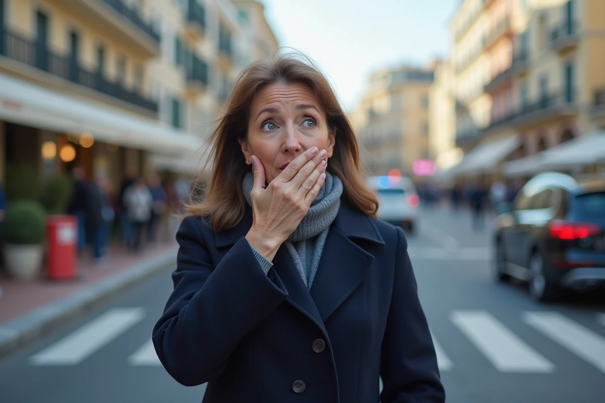 Femme française choquée dans la rue de Cannes