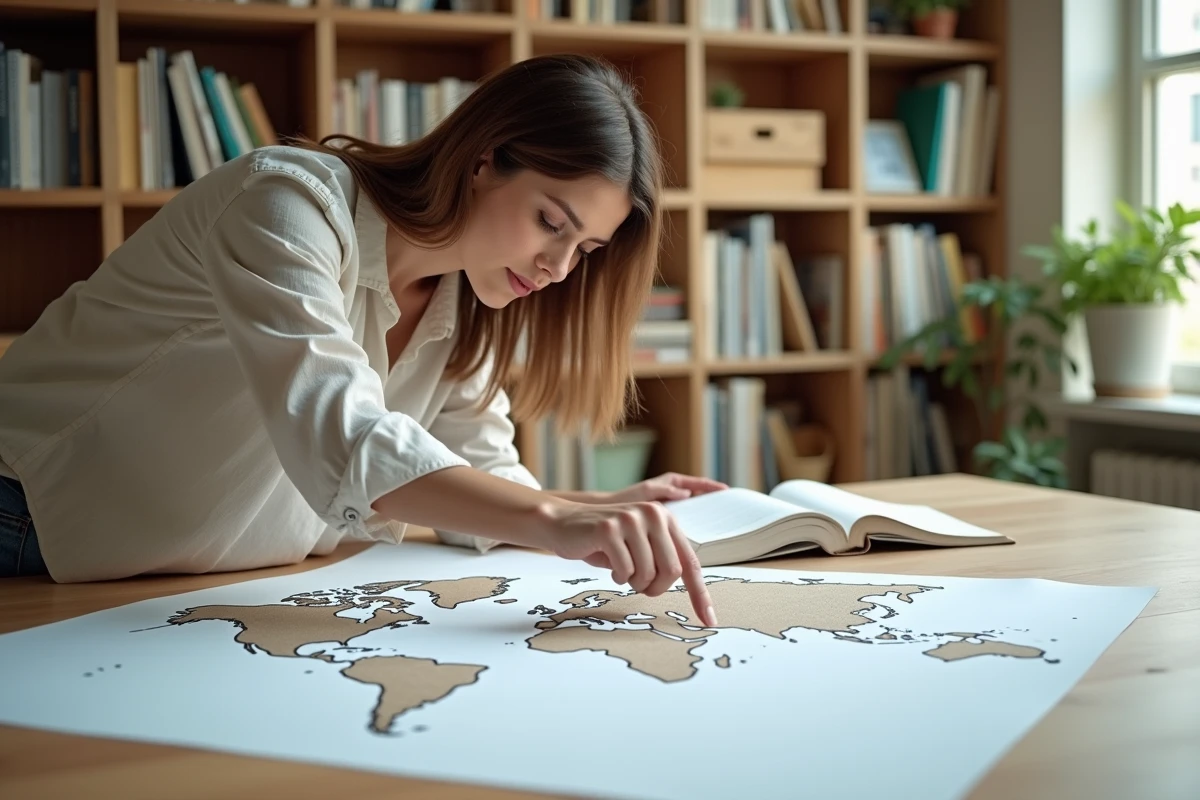 Femme consultant une carte du monde muette et vierge posée sur une grande table en bois dans une bibliothèque à domicile