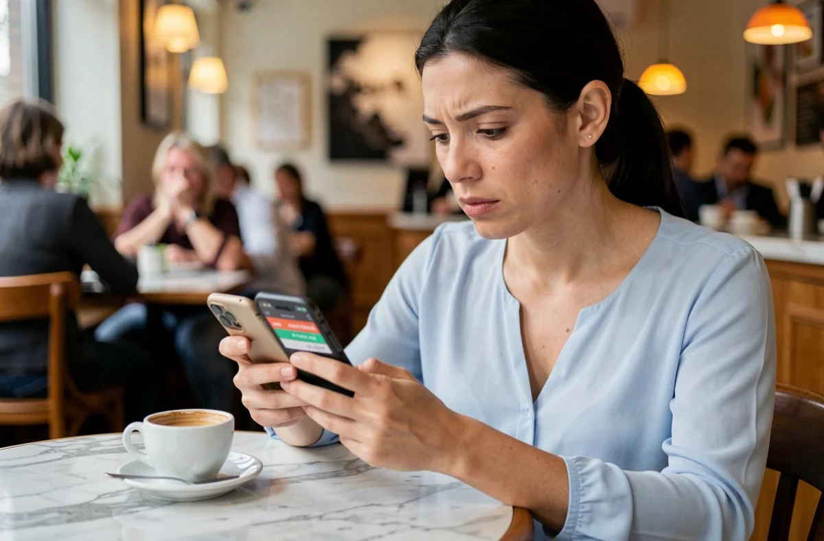 Femme consultant son smartphone dans un café pour trouver un code Ninja Time fiable