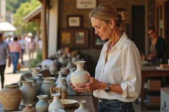 Femme chinant une poterie ancienne sur un vide-grenier en Lot-et-Garonne, marché de brocante en plein air