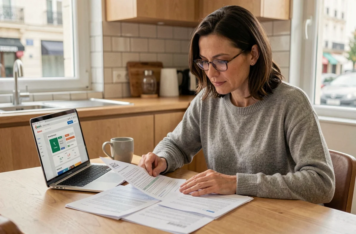 Femme consultant des documents d'assurance auto à Thionville sur une table en bois avec un ordinateur portable