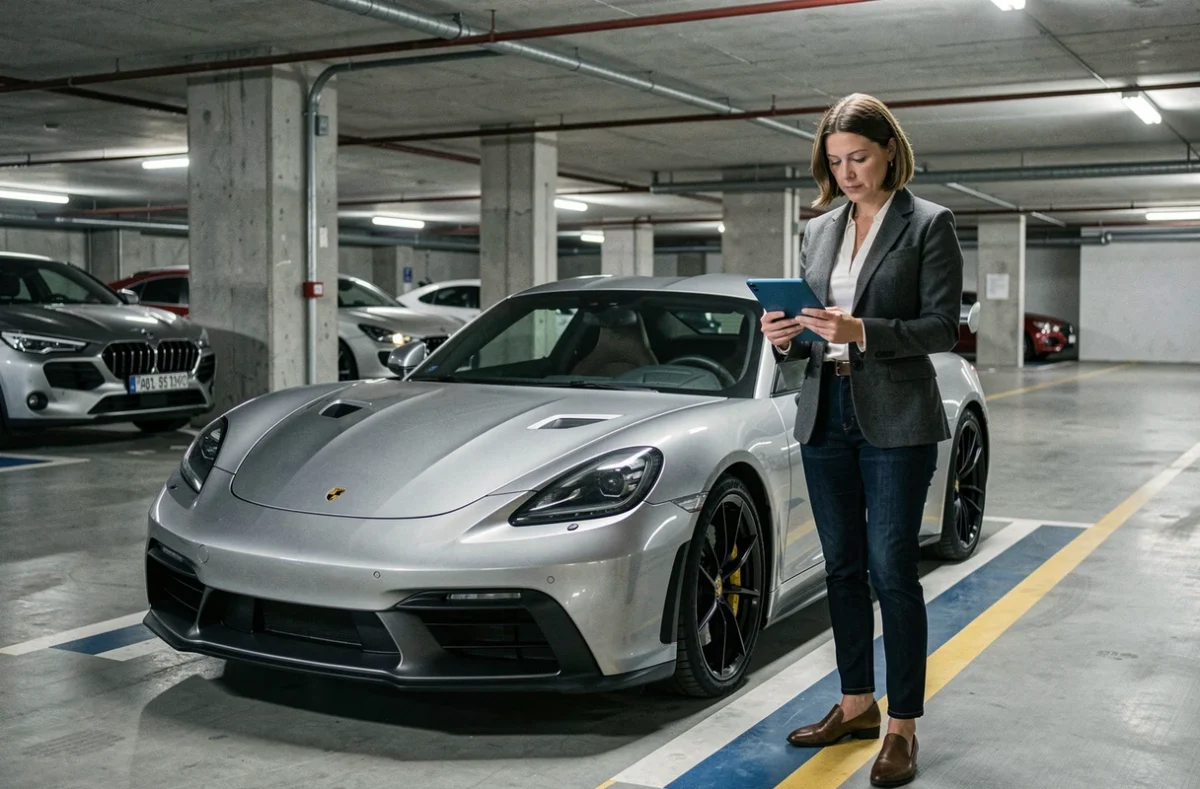 Femme comparant des devis d'assurance pour voiture sportive dans un parking souterrain