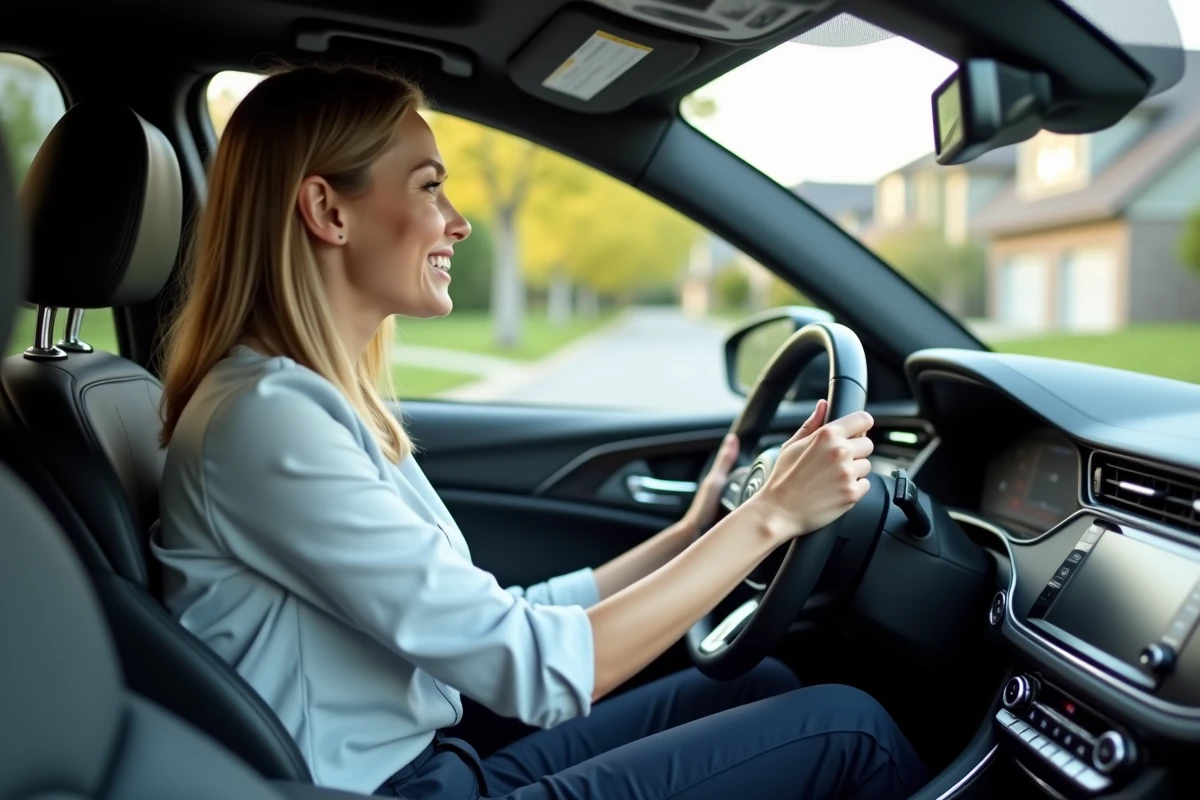 Jeune femme souriante dans la voiture en explorant le tableau de bord