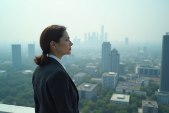 Femme d'affaires contemplant la ville depuis un rooftop