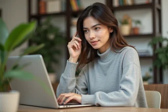 Femme utilisant un ordinateur portable pour découvrir le site Govioz, assise à un bureau en bois dans un bureau à domicile moderne