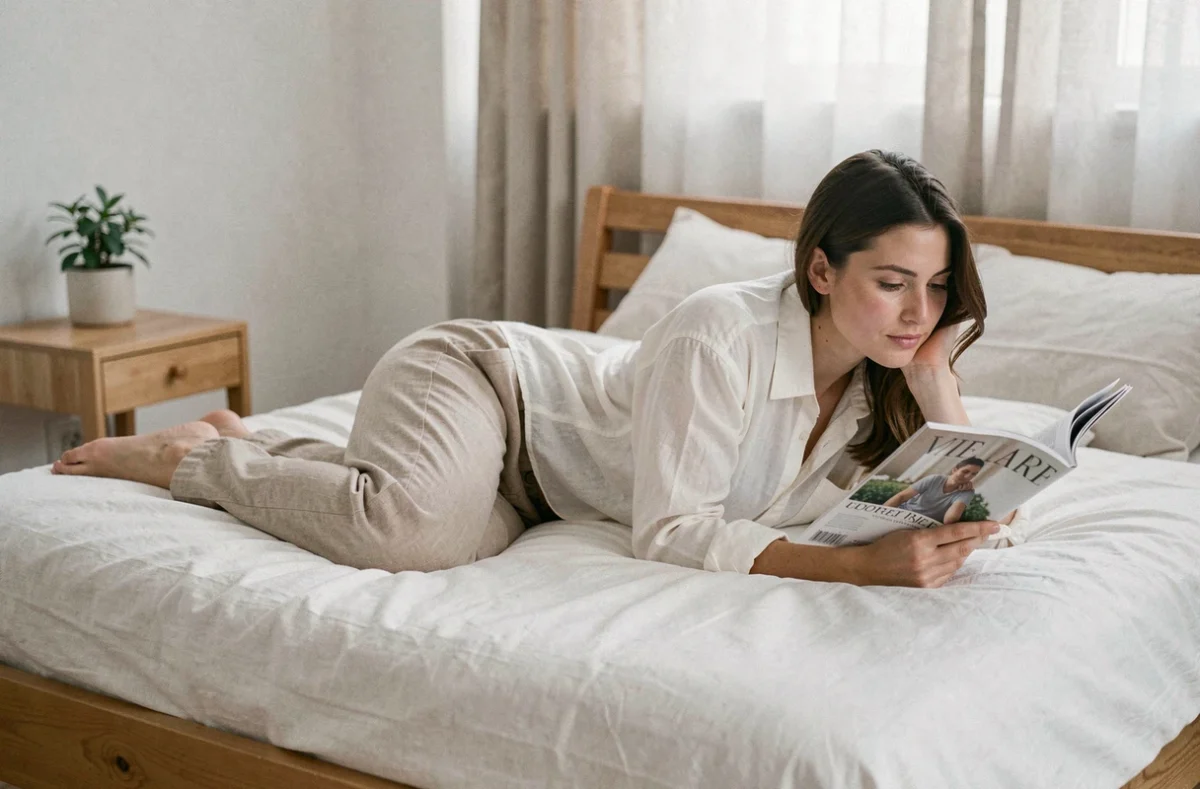 Femme détendue allongée sur un lit en lin blanc, lisant un magazine dans une chambre minimaliste scandinave