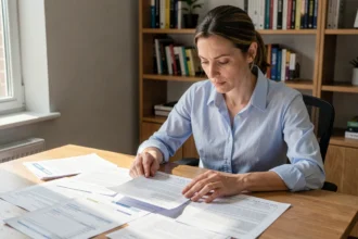 Femme consultant des documents pour changer d'assurance auto à son bureau à domicile