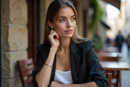 Jeune femme &eacute;l&eacute;gante dans un caf&eacute; parisien authentique
