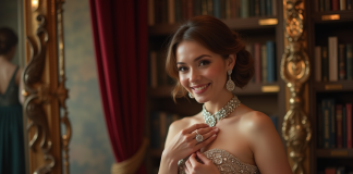 Femme élégante en robe de soirée ajustée et bijoux devant un miroir