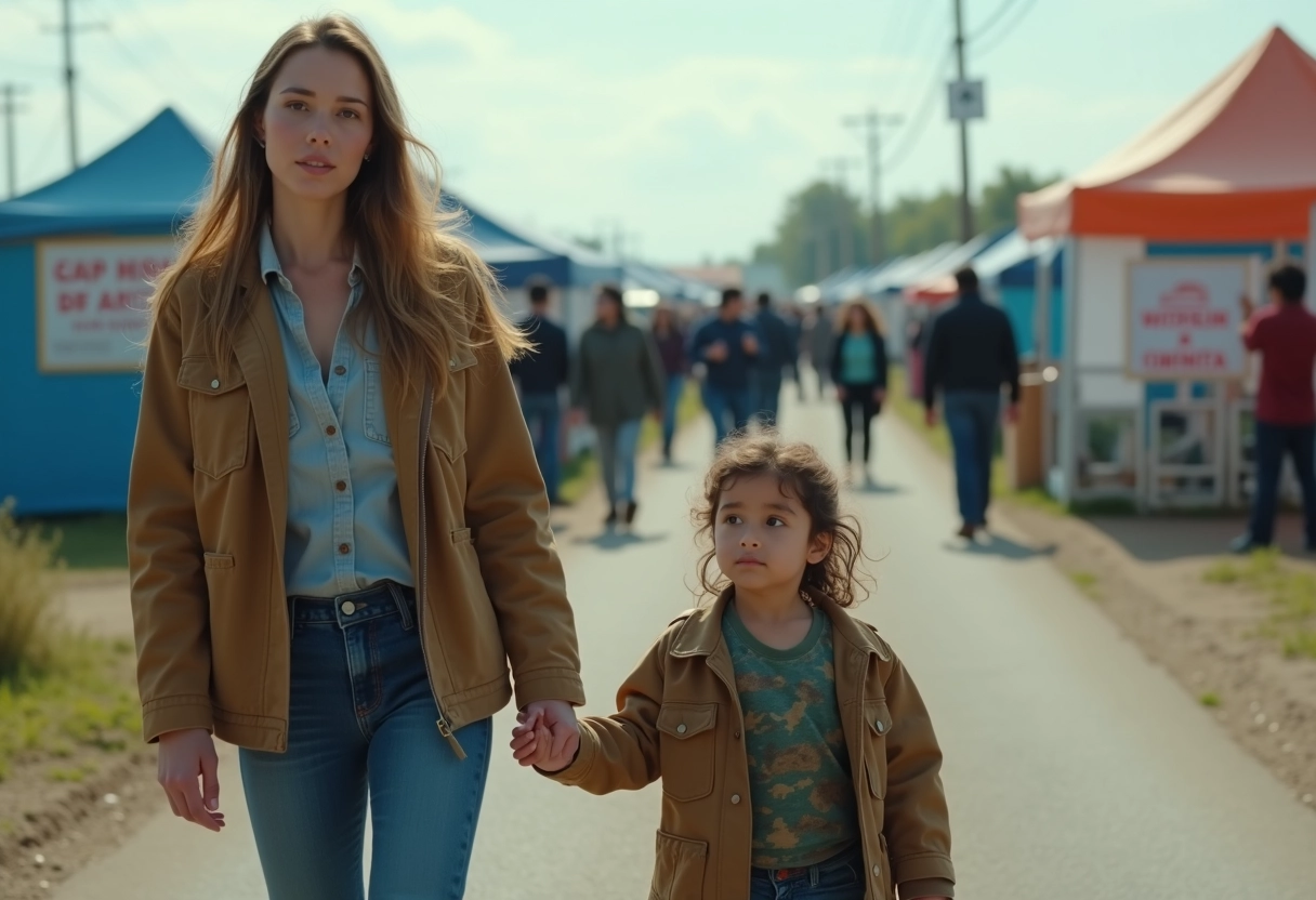 Femme et enfant devant un poste de frontière avec tentes
