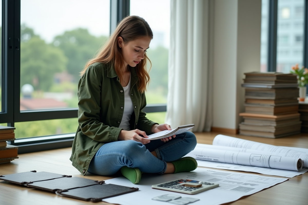 Jeune femme comparant échantillons de matériaux de toiture