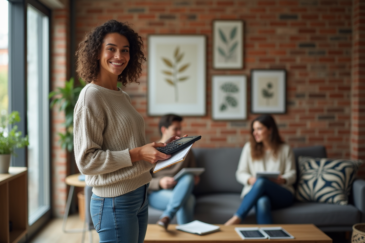 Jeune femme souriante expliquant les dépenses partagées à ses colocataires