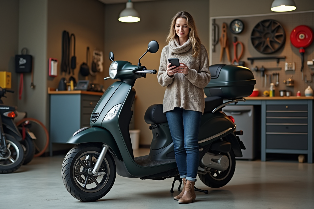 Femme compare prix scooter 50cc dans son garage organisé