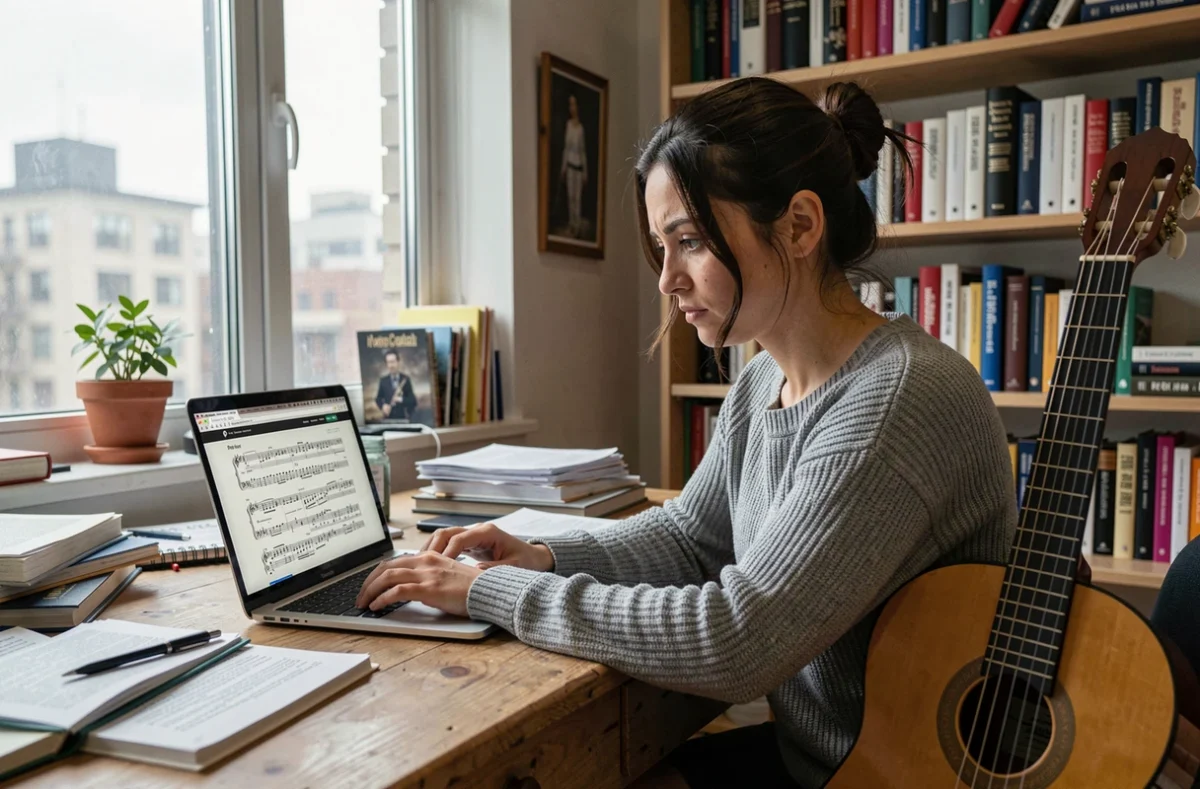 Femme guitariste cherchant des partitions gratuites en ligne sur son ordinateur portable avec sa guitare classique posée à côté
