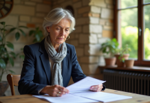 Femme française en blazer navy examine documents immobiliers