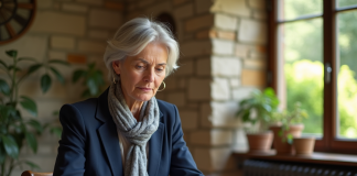 Femme française en blazer navy examine documents immobiliers
