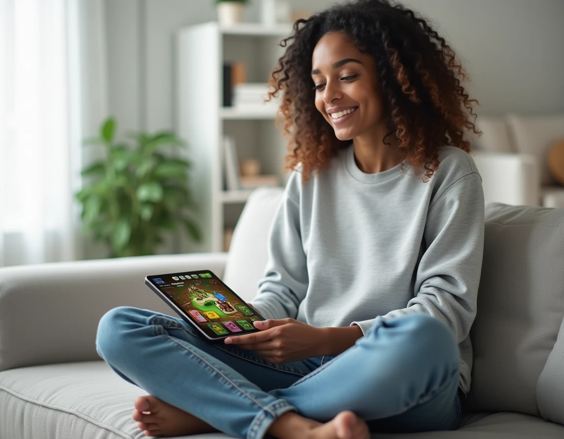 Femme jouant à un jeu de plateau numérique sur tablette dans un salon moderne, en lien avec Monopoly GO et le statut magnat
