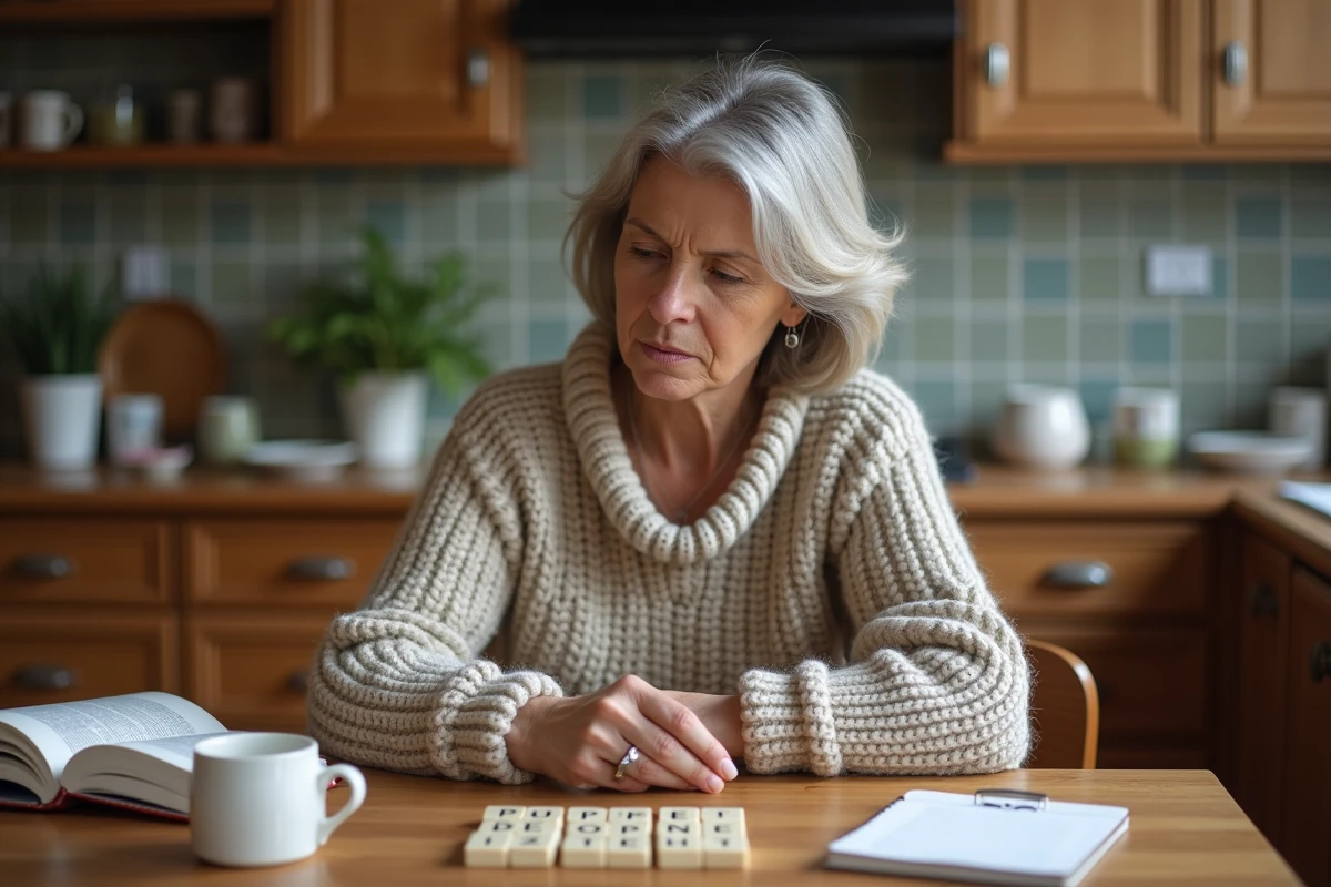 Femme concentrée jouant au Scrabble dans sa cuisine chaleureuse