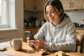 Jeune femme jouant à Monopoly Go sur smartphone à la maison avec un lien dés gratuit