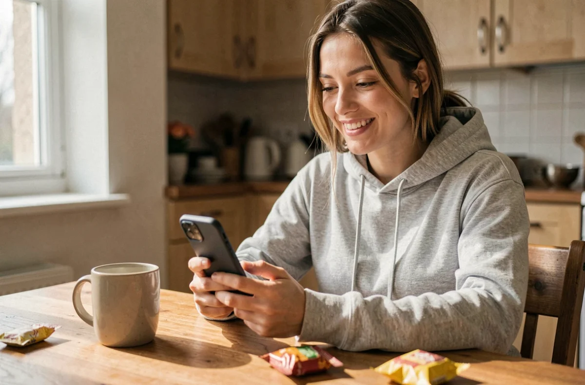 Jeune femme jouant à Monopoly Go sur smartphone à la maison avec un lien dés gratuit