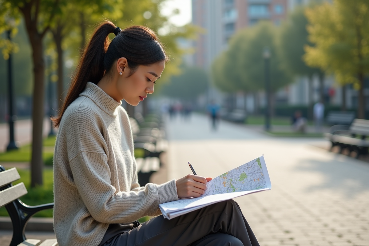 Jeune femme étudiant une carte dans un parc urbain