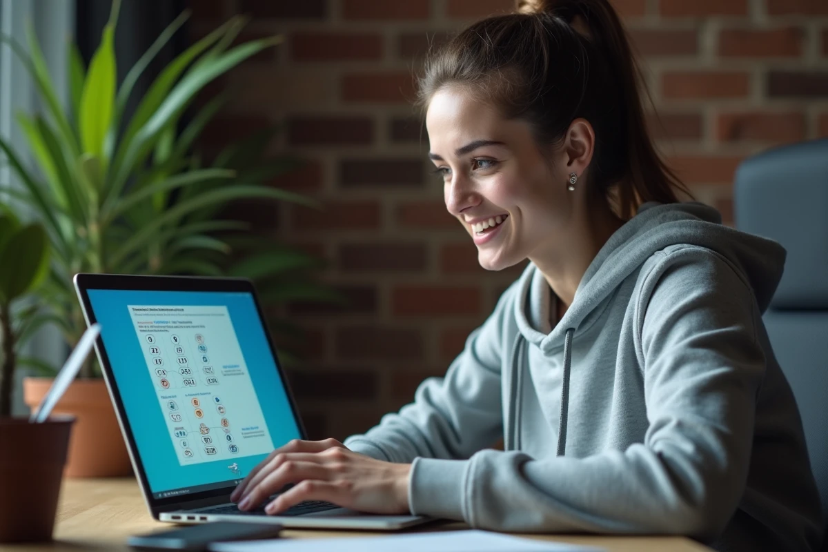 Jeune femme jouant au loto en ligne sur son ordinateur portable dans un bureau moderne
