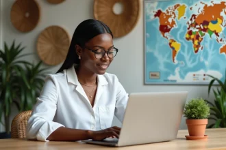Jeune femme malgache en visioconference dans un bureau moderne