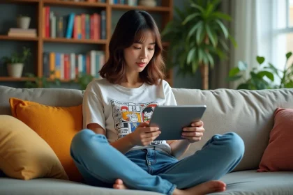 Jeune femme lisant manga sur tablette dans un salon cosy