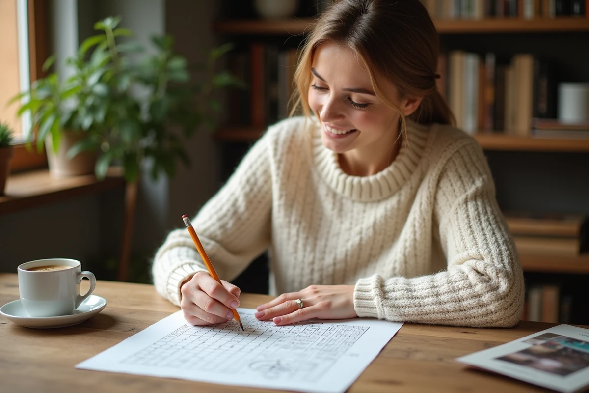 Femme remplissant une grille de mots croisés personnalisée sur une table en bois dans une cuisine chaleureuse