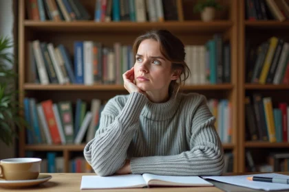 Femme hésitant sur l'orthographe d'un mot dans un cahier, stylo en main devant des dictionnaires français