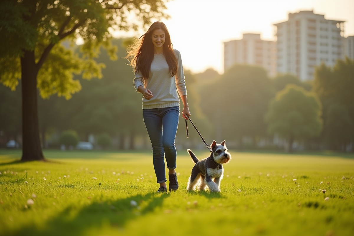 Jeune femme promenant un schnauzer dans un parc verdoyant en journée