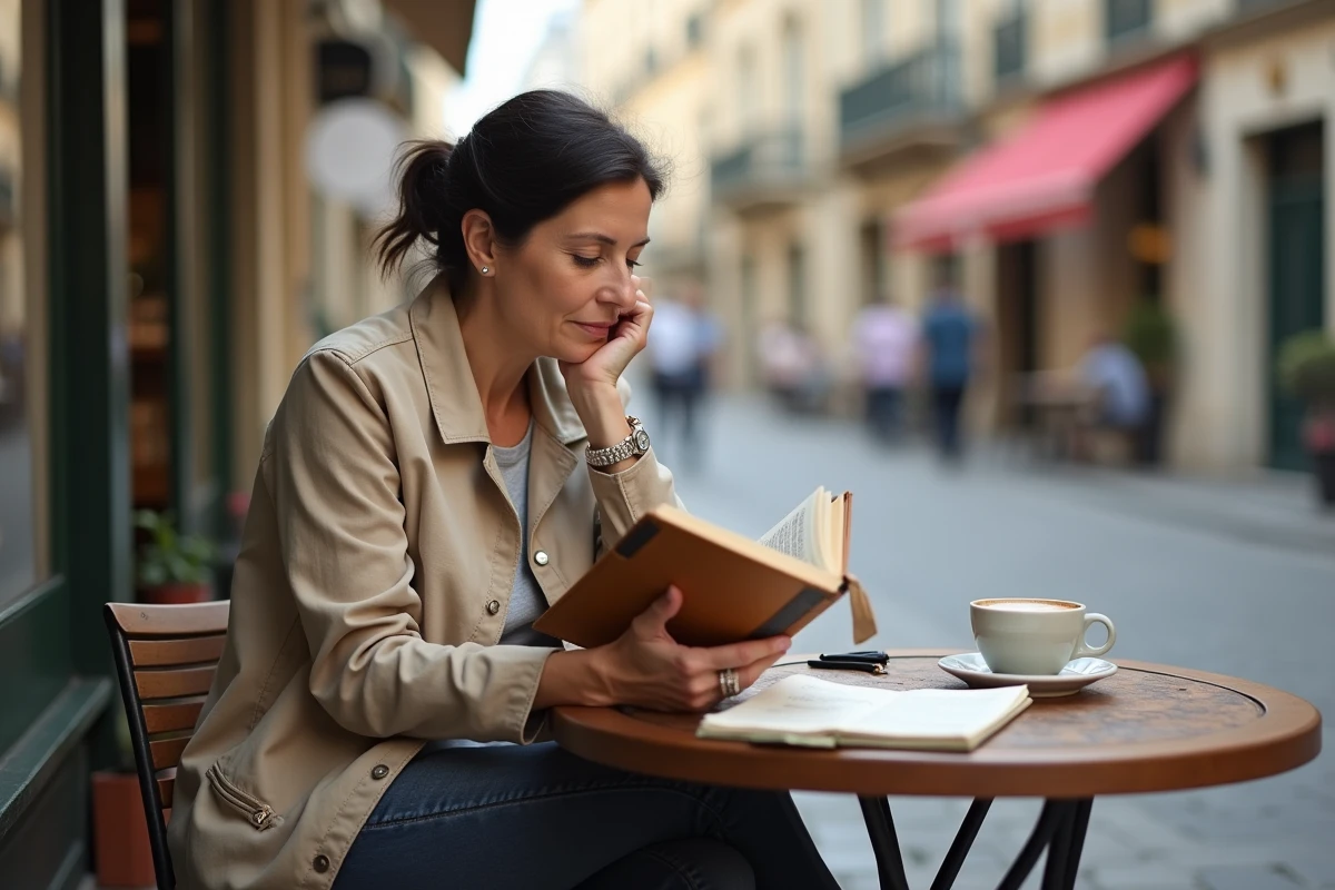 Femme méditerranéenne lisant un livre sur le patrimoine culturel et les origines familiales en terrasse de café dans une ville française