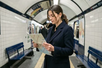 Femme consultant un plan du métro ligne 6 de Paris sur le quai d'une station