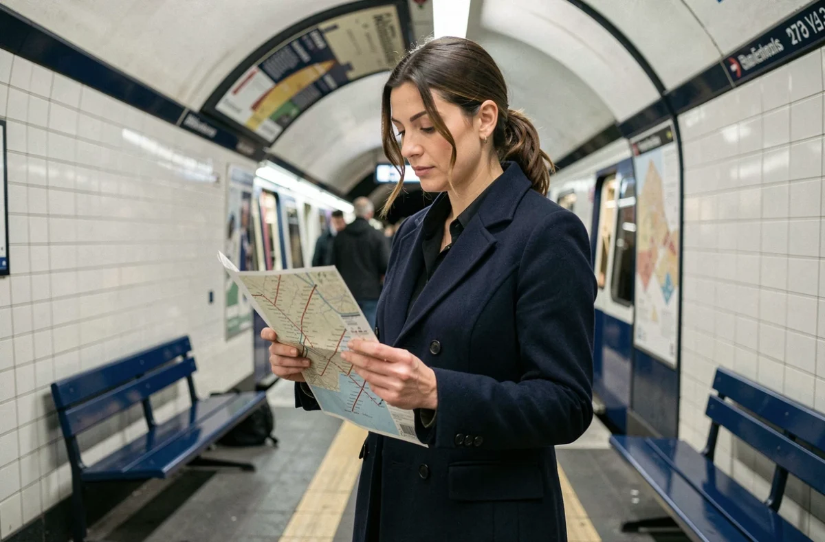 Femme consultant un plan du métro ligne 6 de Paris sur le quai d'une station