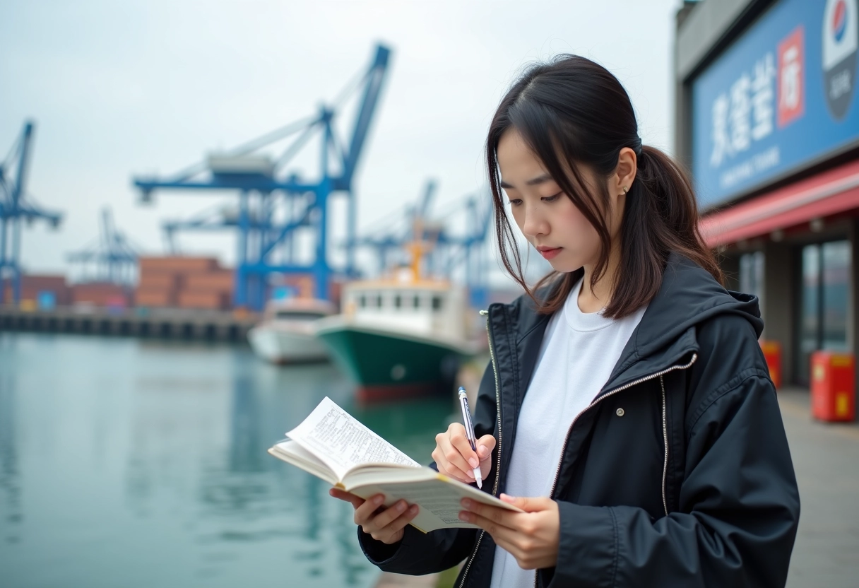 Jeune femme japonaise note dans un guide au port animé