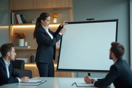 Femme professionnelle installant un ecran de projection en réunion