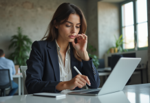 Jeune femme professionnelle utilisant une tablette dans un bureau moderne