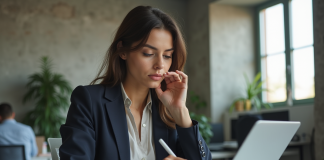 Jeune femme professionnelle utilisant une tablette dans un bureau moderne