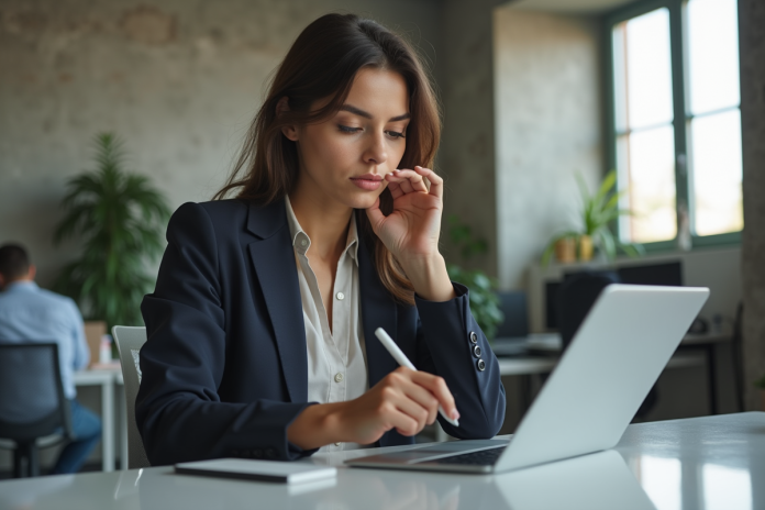 Jeune femme professionnelle utilisant une tablette dans un bureau moderne