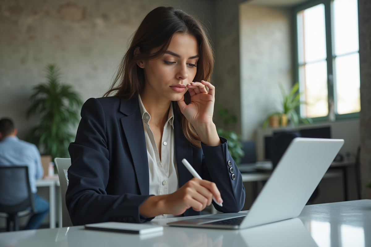 Jeune femme professionnelle utilisant une tablette dans un bureau moderne