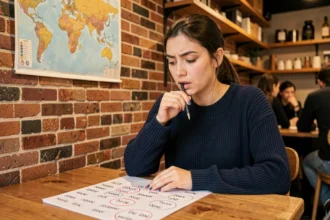 Jeune femme concentrée sur un quiz de géographie dans un café, avec une carte du monde en arrière-plan