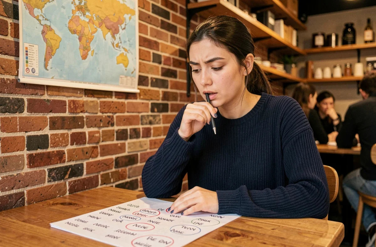 Jeune femme concentrée sur un quiz de géographie dans un café, avec une carte du monde en arrière-plan