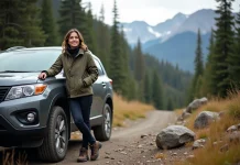 Entre style et performance : quel véhicule pour vos trajets hors des sentiers battus ? Femme en randonnée près d'un SUV en montagne