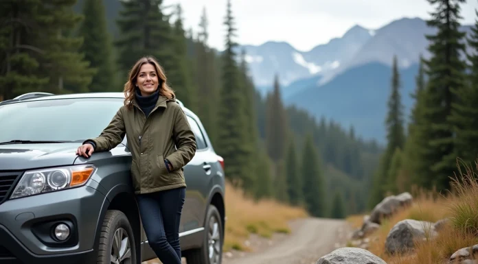 Femme en randonnée près d'un SUV en montagne
