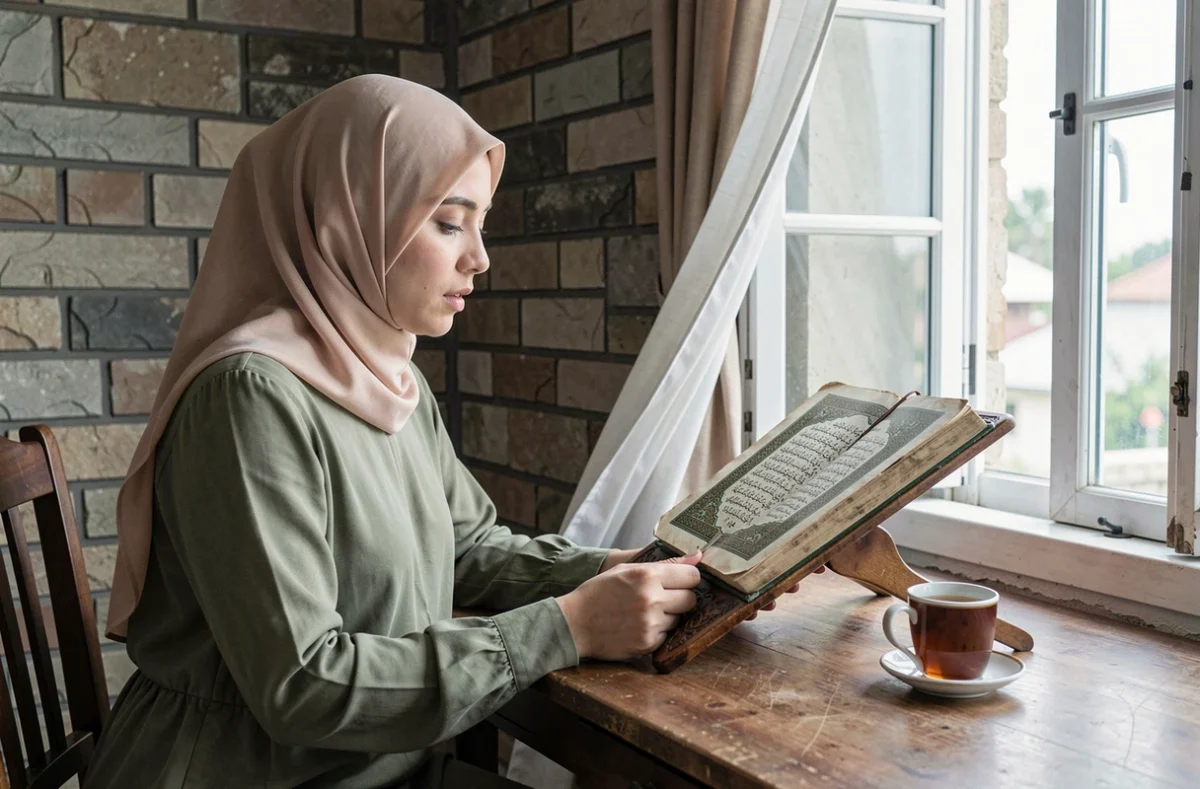 Jeune femme voilée récitant la sourat Al Kahf assise près d'une fenêtre dans un intérieur chaleureux