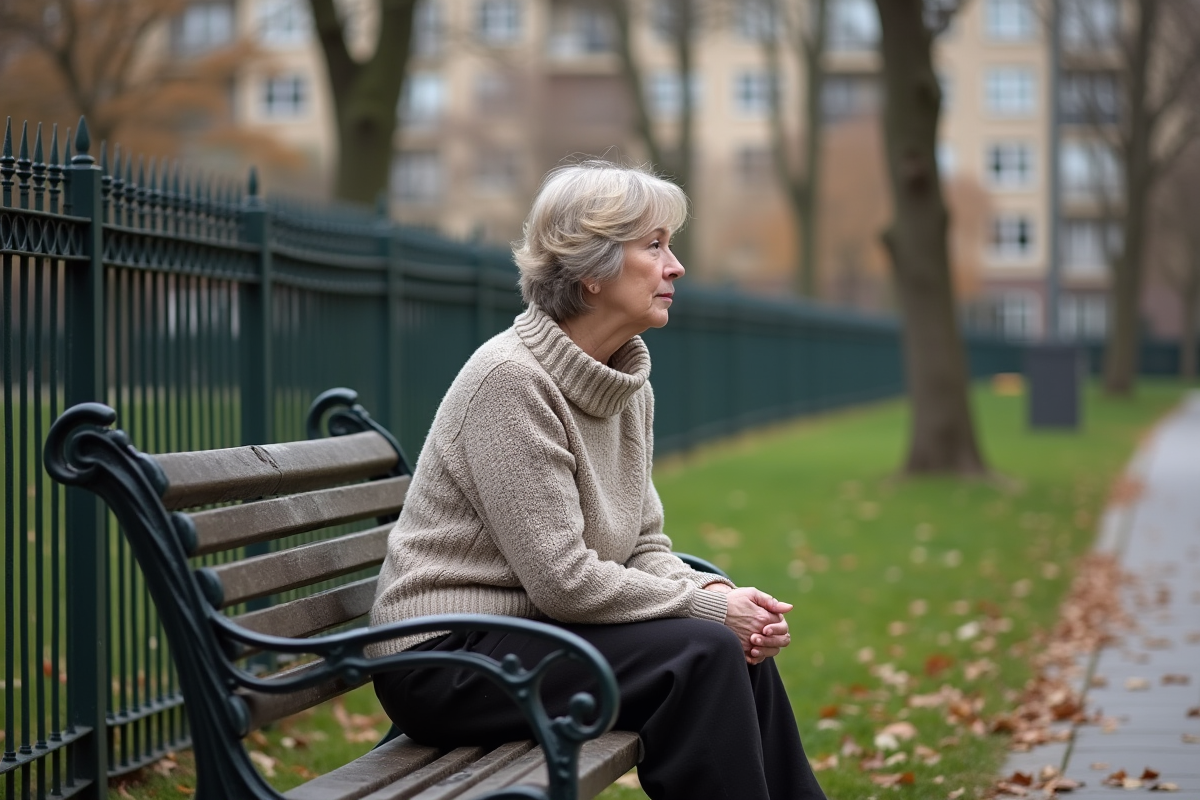 Femme d'âge moyen assise sur un banc dans un parc contemplant le paysage